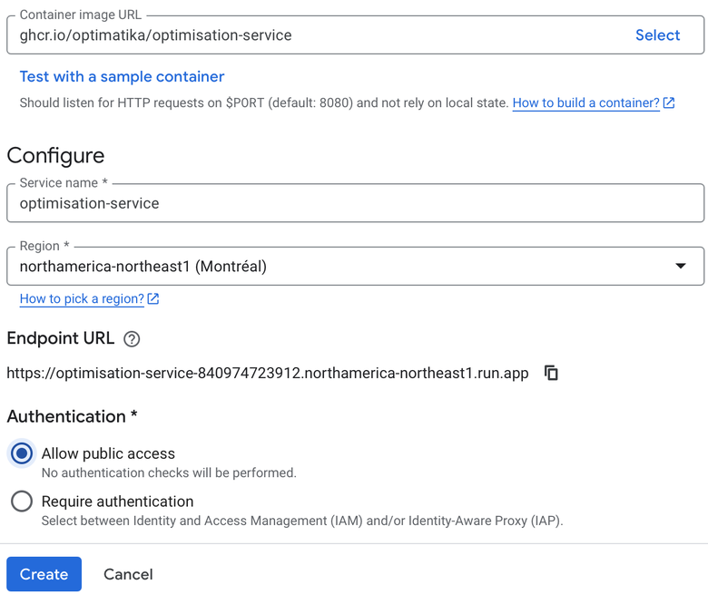 Screenshot of the Cloud Run console's Create service form, filled in with the image URL ghcr.io/optimatika/optimisation-service, a service name, a region, and public access selected